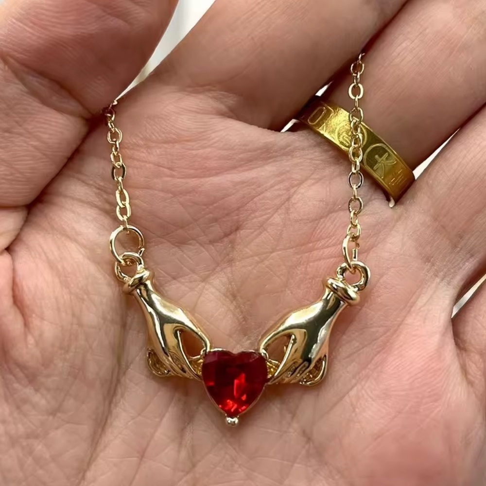 18K Gold Plated Claddagh Inspired Hands Holding Gemstone Heart Necklace - Picture 5 of 8